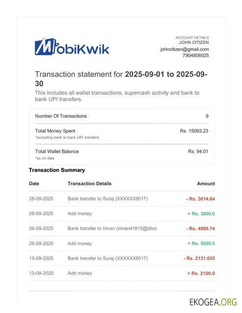 Inde MobiKwik relevé de transaction Modèle Word et PDF